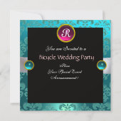 BLAUWE BLAUW BICYCLE WEDDING DAMASKMONOGRAM KAART (Achterkant)