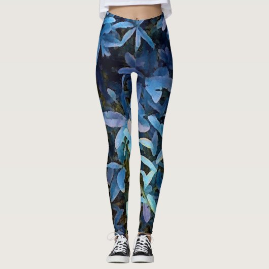 Blauwe blauw bladerindruk leggings (Voorkant)