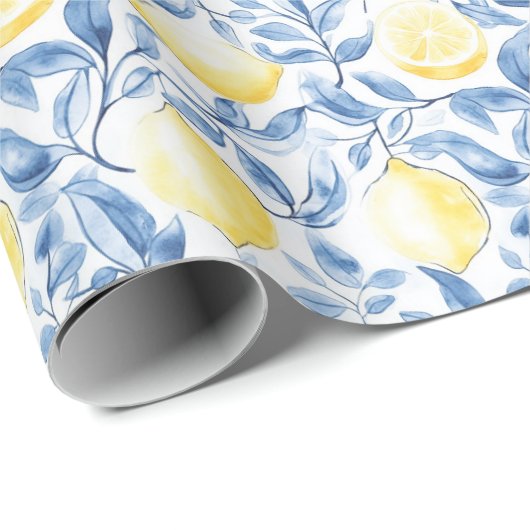 Blauwe Blauwe Bladeren Citroenen Sicilië Italiaans Cadeaupapier (Rol Hoek)