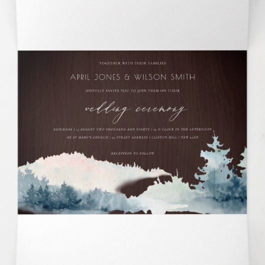 BLAUWE BLAUWE MOUNTAINEN PINE WATERVERF WEDDING DRIELUIK UITNODIGING (Binnenkant midden)