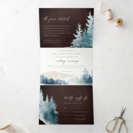 BLAUWE BLAUWE MOUNTAINEN PINE WATERVERF WEDDING DRIELUIK UITNODIGING