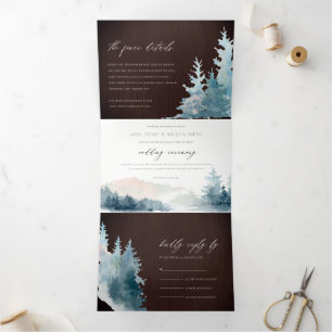 BLAUWE BLAUWE MOUNTAINEN PINE WATERVERF WEDDING DRIELUIK UITNODIGING