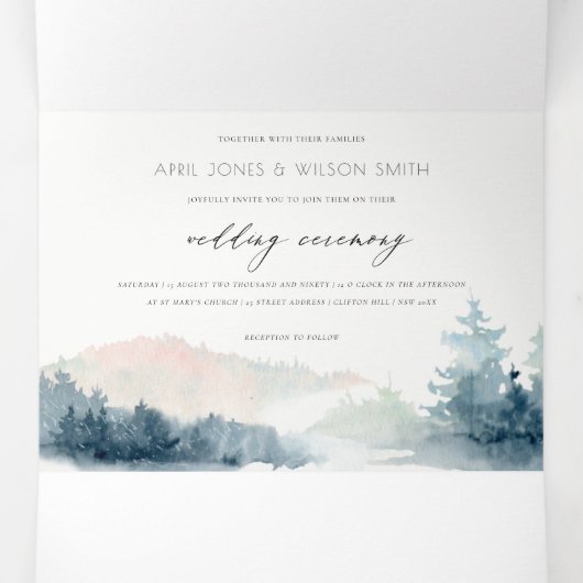 BLAUWE BLAUWE MOUNTAINEN PINE WATERVERF WEDDING DRIELUIK UITNODIGING (Binnenkant midden)