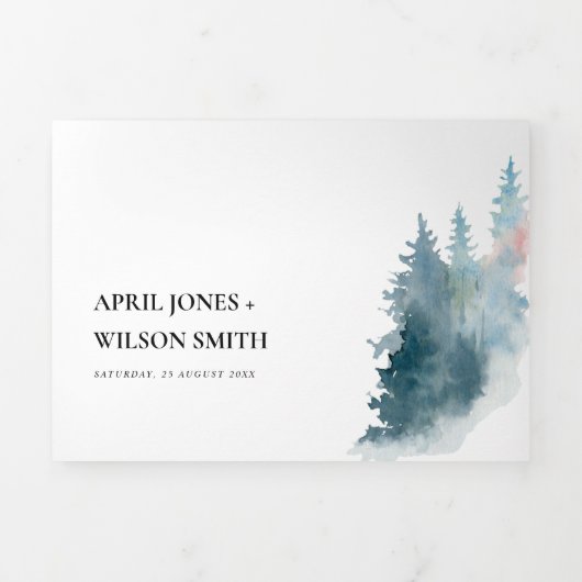 BLAUWE BLAUWE MOUNTAINEN PINE WATERVERF WEDDING DRIELUIK UITNODIGING (Cover)