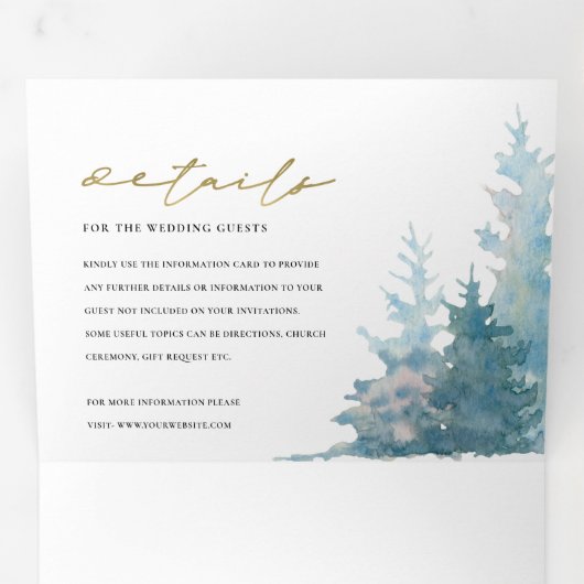 BLAUWE BLAUWE MOUNTAINEN PINE WATERVERF WEDDING DRIELUIK UITNODIGING (Binnenzijde eerst)