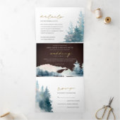 BLAUWE BLAUWE MOUNTAINEN PINE WATERVERF WEDDING DRIELUIK UITNODIGING (Binnen)