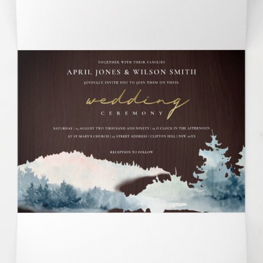 BLAUWE BLAUWE MOUNTAINEN PINE WATERVERF WEDDING DRIELUIK UITNODIGING (Binnenkant midden)