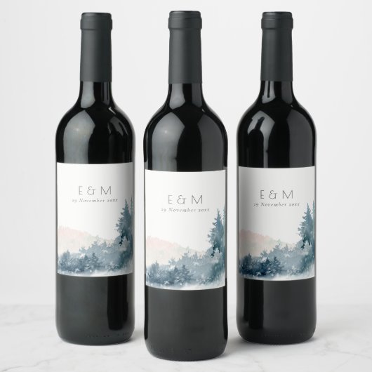 BLAUWE BLAUWE MOUNTAINES PINE MONOGRAM WEDDING WIJN ETIKET (Flessen)