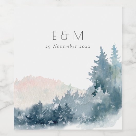 BLAUWE BLAUWE MOUNTAINES PINE MONOGRAM WEDDING WIJN ETIKET (Enkel label)