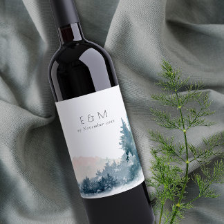 BLAUWE BLAUWE MOUNTAINES PINE MONOGRAM WEDDING WIJN ETIKET