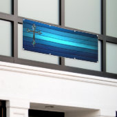 Blauwe blauwe plank Lange blanco kerk Spandoek (Buitenkant Gebouw)