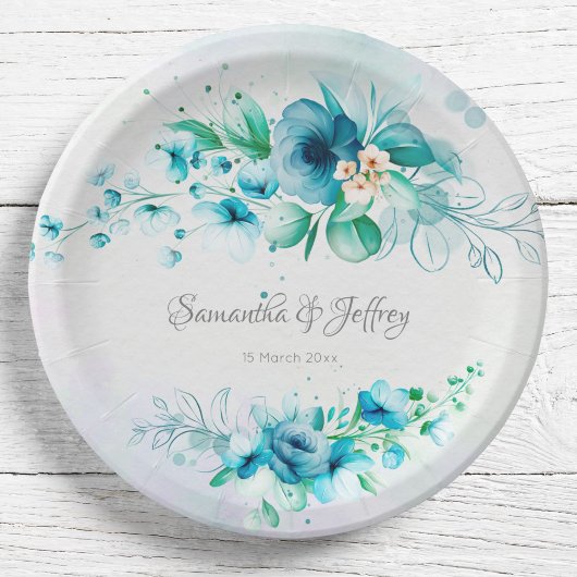 Blauwe blauwgroen bloemen bloemen papieren bordje