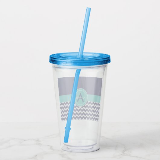 Blauwe Blauwgroen Chevron Acryl Drinkbeker (Achterkant)