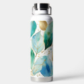 Blauwe, Blauwgroen en gouden bladeren Waterfles (Achterkant)