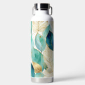Blauwe, Blauwgroen en gouden bladeren Waterfles (Voorkant)