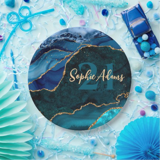 Blauwe, Blauwgroen en goudglitter Peacock Agate Bi Papieren Bordje (Feest)