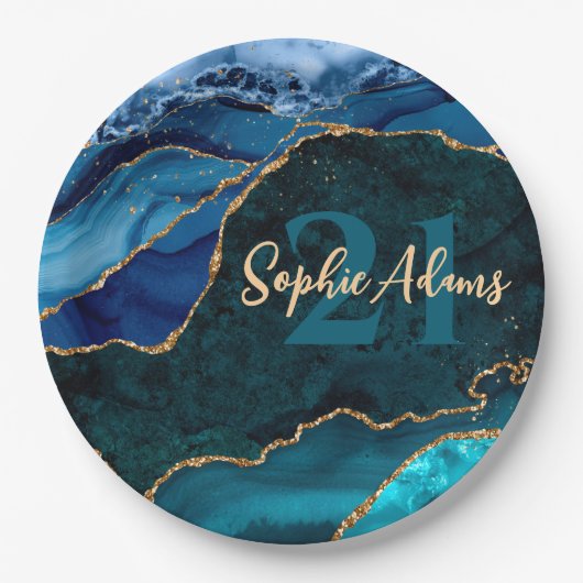 Blauwe, Blauwgroen en goudglitter Peacock Agate Bi Papieren Bordje (Voorkant)