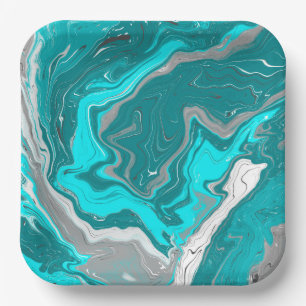 Blauwe, Blauwgroen en turquoise marmer fluid Art Papieren Bordje