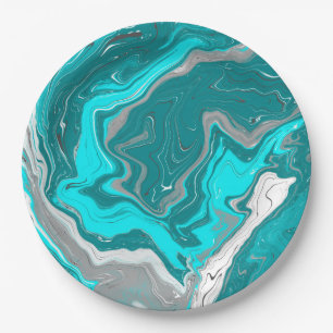 Blauwe, Blauwgroen en turquoise marmer fluid Art Papieren Bordje