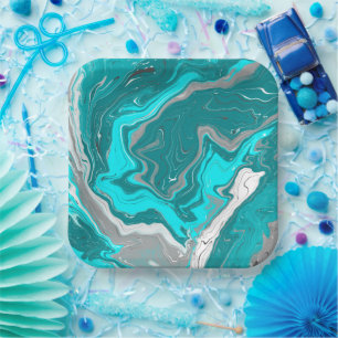 Blauwe, Blauwgroen en turquoise marmer fluid Art Papieren Bordje