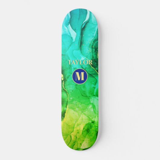 Blauwe Blauwgroen gele groene vloeibare inkt, mono Persoonlijk Skateboard (Voorkant)