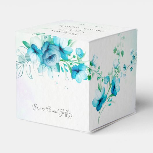 Blauwe blauwgroen groene bloemen florale bruiloft bedankdoosjes (Achterkant)