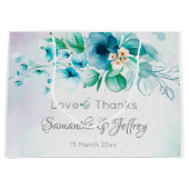 Blauwe blauwgroen groene bloemen florale huwelijks groot cadeauzakje (Voorkant)