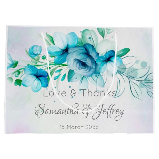 Blauwe blauwgroen groene bloemen florale huwelijks groot cadeauzakje (Achterkant)