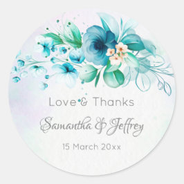 Blauwe blauwgroen groene bloemen florale huwelijks ronde sticker