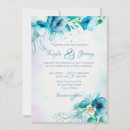 Blauwe blauwgroen groene bloemen kaart (Voorkant)