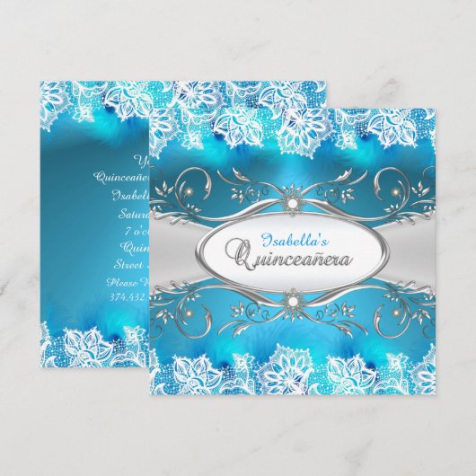 Blauwe Blauwgroen kant en zilver Lijst Quinceanera Kaart (Voorkant / Achterkant)