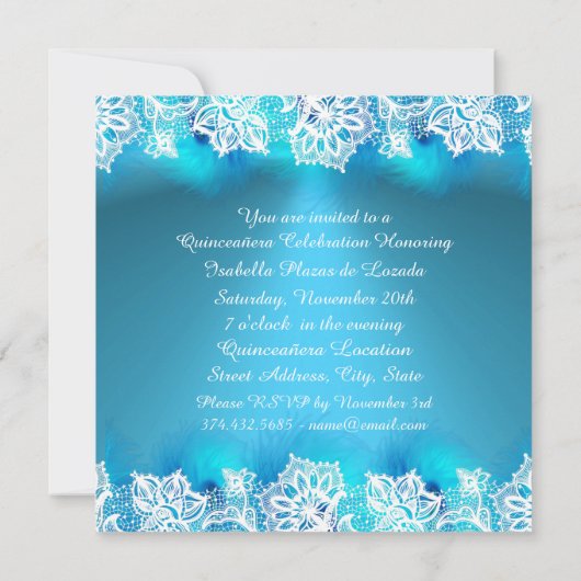 Blauwe Blauwgroen kant en zilver Lijst Quinceanera Kaart (Achterkant)