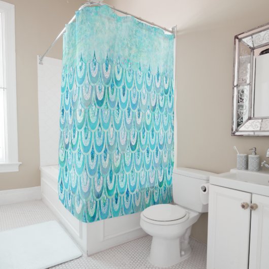 Blauwe Blauwgroen kleine zeemeerminnen schaaltjes  Douchegordijn (In situ)