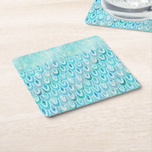 Blauwe Blauwgroen kleine zeemeerminnen schaaltjes  Kartonnen Onderzetters (Schuin)