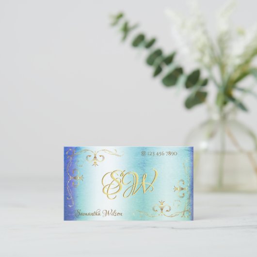 Blauwe Blauwgroen marmer Gold  hoeken met Initiale Visitekaartje (Staand voorkant)