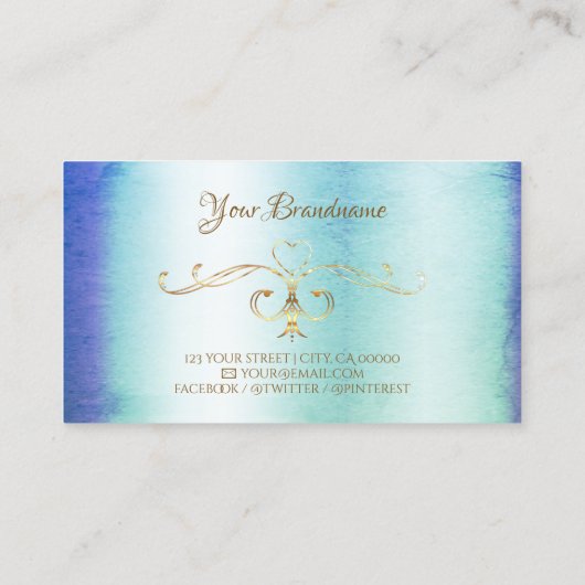 Blauwe Blauwgroen marmer Golden  Corners Initialen Visitekaartje (Achterkant)