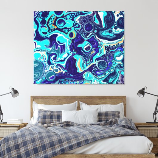 Blauwe Blauwgroen oceaanzwemmen Marmer Fluid Art Canvas Afdruk (Insitu (Slaapkamer))