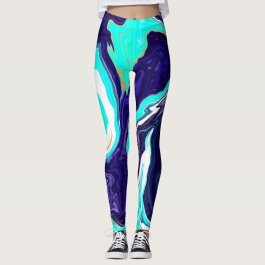 Blauwe Blauwgroen oceaanzwemmen Marmer Fluid Art Leggings (Voorkant)