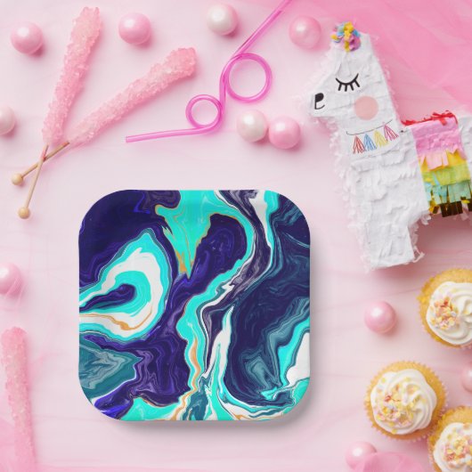 Blauwe Blauwgroen oceaanzwemmen Marmer Fluid Art Papieren Bordje (Feest)