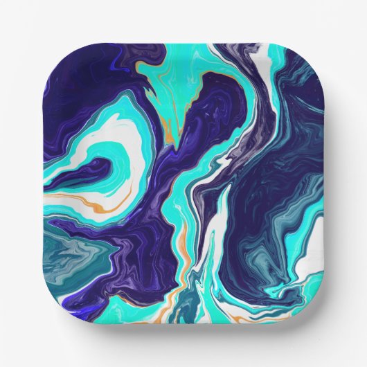 Blauwe Blauwgroen oceaanzwemmen Marmer Fluid Art Papieren Bordje (Voorkant)