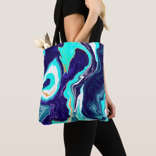 Blauwe Blauwgroen oceaanzwemmen Marmer Fluid Art Tote Bag (Dichtbij)