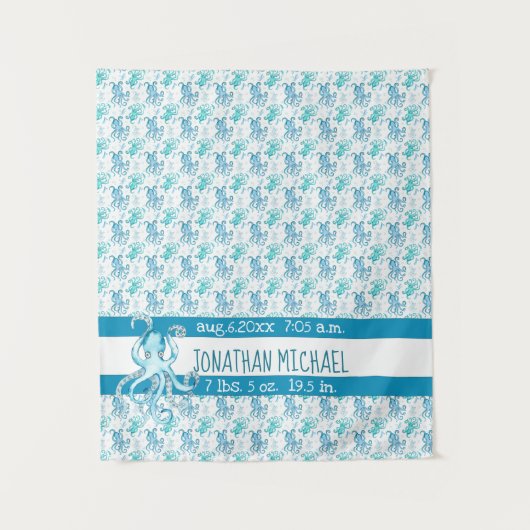 Blauwe & Blauwgroen Octopus Baby's Naam Geboortest Wandkleed (Voorkant)