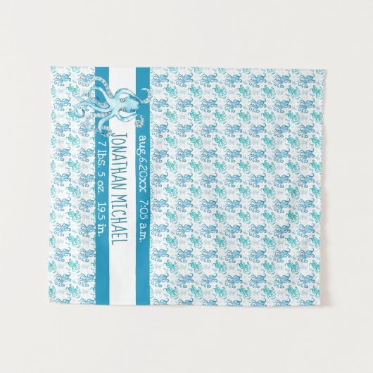 Blauwe & Blauwgroen Octopus Baby's Naam Geboortest Wandkleed (Voorkant (horizontaal))