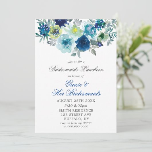 Blauwe Blauwgroen Paint Peony Bridesmaids Luncheon (Staand voorkant)