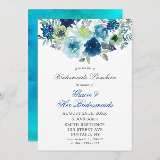 Blauwe Blauwgroen Paint Peony Bridesmaids Luncheon (Voorkant / Achterkant)