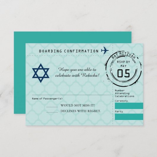 Blauwe Blauwgroen ster van David Bat Mitswa Passpo RSVP Kaartje (Voorkant / Achterkant)
