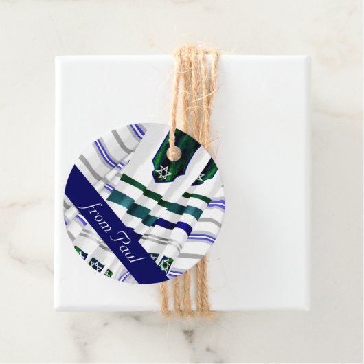 Blauwe, Blauwgroen tapijtschelp Mitzvah Gift Label (In situ)