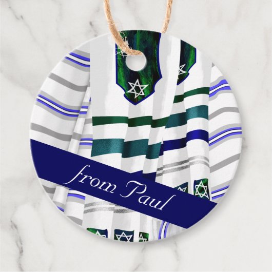 Blauwe, Blauwgroen tapijtschelp Mitzvah Gift Label (Voorkant)