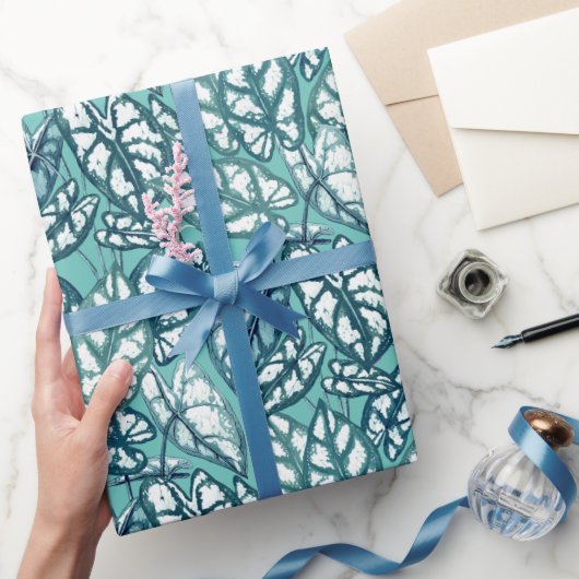 Blauwe Blauwgroen Tropische Bladeren Cadeaupapier (Geschenken)
