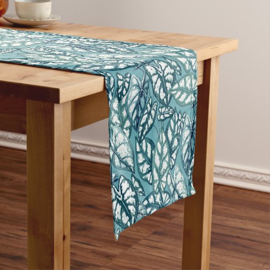 Blauwe Blauwgroen Tropische Bladeren Korte Tafelloper (Voorbeeld)